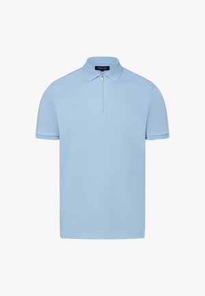 Hellblaues Poloshirt aus Baumwollmischung mit Reißverschlusskragen, kurzen Ärmeln und glatter Textur. Schlichtes Design ohne Muster.