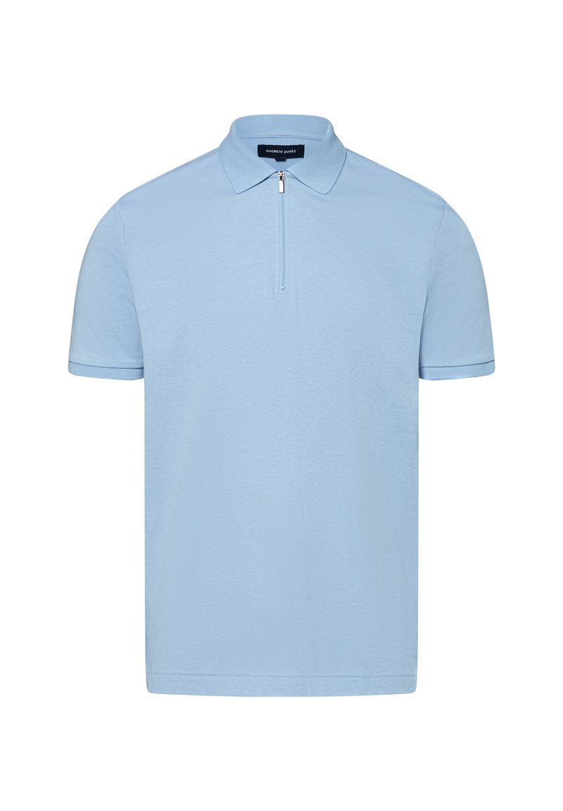 Hellblaues Poloshirt aus Baumwollmischung mit Reißverschlusskragen, kurzen Ärmeln und glatter Textur. Schlichtes Design ohne Muster.