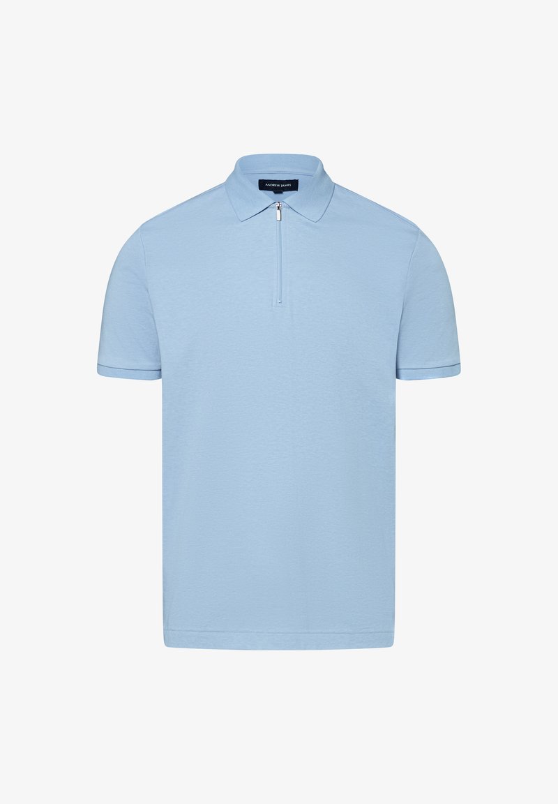 Hellblaues Poloshirt aus Baumwollmischung mit Reißverschlusskragen, kurzen Ärmeln und glatter Textur. Schlichtes Design ohne Muster.