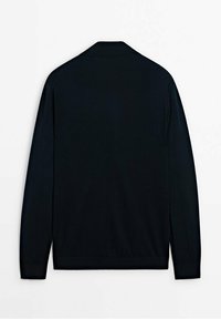 Dark navy knit sweater, featuring a collar, long sleeves, and a smooth texture. Back view shows a simple design without visible detailing.