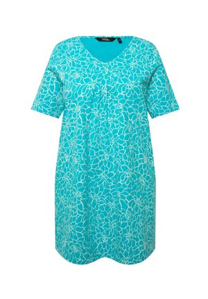 Tyrkysové šaty s krátkými rukávy, ve tvaru V, a květinovým bílým vzorem. Měkká látka s volným střihem a sklady na hrudi.