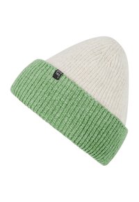 Beanie hat with a cream top and green ribbed cuff. Made from knitted fabric, featuring a small black label on the cuff.