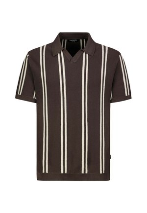 Dunkelbraunes Strick-Poloshirt mit kurzen Ärmeln, weißen vertikalen Streifen und V-förmigem Ausschnitt.