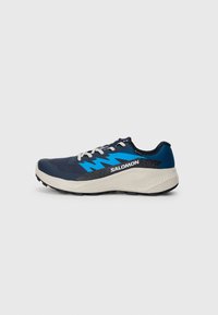 Chaussures de trail running bleu marine avec des accents bleu vif. Elles possèdent une tige en mesh, un col rembourré et une semelle en caoutchouc texturée pour une meilleure adhérence.