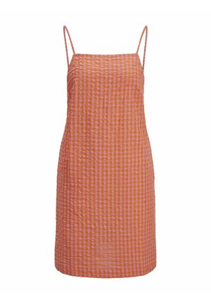 Orange and pink gingham dress with thin straps and a textured finish, featuring a straight cut and knee-length design.