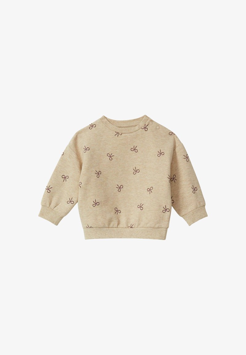 Beige sweatshirt met lange mouwen, geribbelde manchetten en een ronde halslijn. Voorzien van een verspreide print van donkerbruine strikken. Zachte stoftextuur.