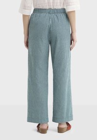 Pantalon à jambes larges en tissu vert texturé avec des rayures verticales, doté d'une taille élastique et d'une coupe droite. Sandales compensées en bois visibles.
