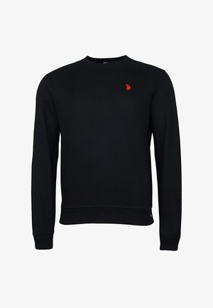Zwarte longsleeve sweatshirt met ronde hals en een klein geborduurd rood logo op de linker borst, met ribgebreide manchetten en onderrand.