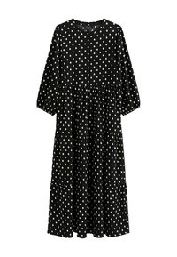 Zwarte jurk met driekwartmouwen, gelaagd ontwerp en wit diamanten patroon overal. Gemaakt van zachte stof met een ronde hals.