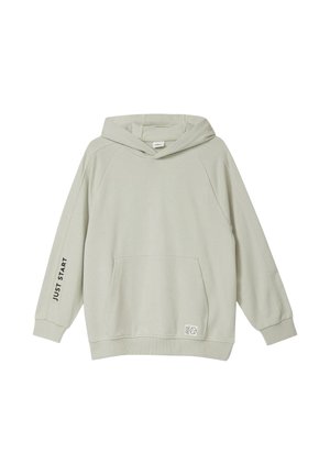Jasnoszara bluza z kapturem z przednią kieszenią, napis "JUST START" na lewym rękawie oraz mała metka przy dolnym brzegu.
