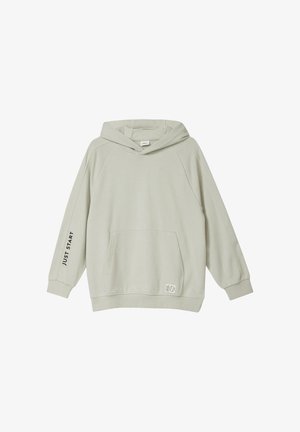 Sweat à capuche gris clair avec poche avant, texte "JUST START" sur la manche gauche, et petite étiquette près de l'ourlet.