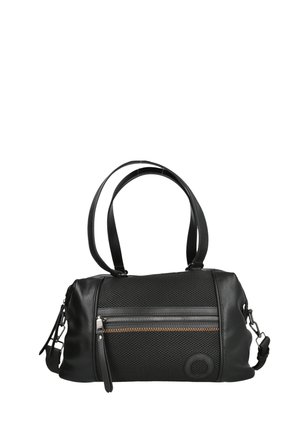 Bolso de mano negro de cuero y malla con dos asas para el hombro, bolsillo delantero con cremallera y tirador de cuero, y correa lateral desmontable.