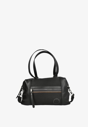 Bolso de mano negro de cuero y malla con dos asas para el hombro, bolsillo delantero con cremallera y tirador de cuero, y correa lateral desmontable.