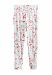 Fehér leggings piros őszi mintákkal, beleértve gombákat, csillagokat, forró italos bögréket, almákat, valamint a "COSY" és "SEASON" feliratokat.