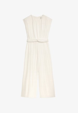 Weißer, gefalteter Jumpsuit mit Rundhalsausschnitt und kurzen Ärmeln, ausgestattet mit einem gebundenen Gürtel in der Taille und weit geschnittenen Hosenbeinen.