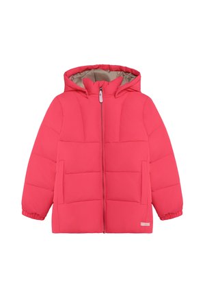 Chaqueta acolchada roja para niños con capucha, cremallera frontal, bolsillos laterales y puños elásticos, mostrada sobre un fondo blanco.
