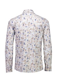 Langermet blomstrete skjorte i lys beige med blå og hvite blomster og brune detaljer, knappet krage og mønstret stoff.