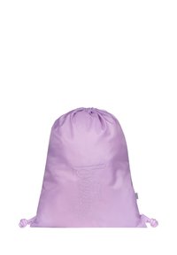 Liliowa torba na sznurku wykonana z gładkiego materiału, z wyembossowanym słowem "torba" w pasującym kolorze, zaokrąglonymi krawędziami i regulowanymi sznurkami.