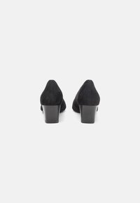 Black suede high-heel shoes with a rounded toe and block heel. The texture is soft, featuring a smooth finish with no additional embellishments.