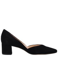 Escarpin à talon carré en daim noir avec un bout pointu et un décolleté en V, doté d'une texture lisse et d'une semelle extérieure en caoutchouc durable.