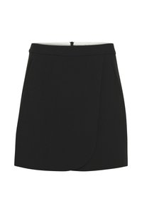 Mini-jupe noire avec un design croisé, texture lisse et poches latérales discrètes. Comprend une fermeture à glissière à l'arrière.