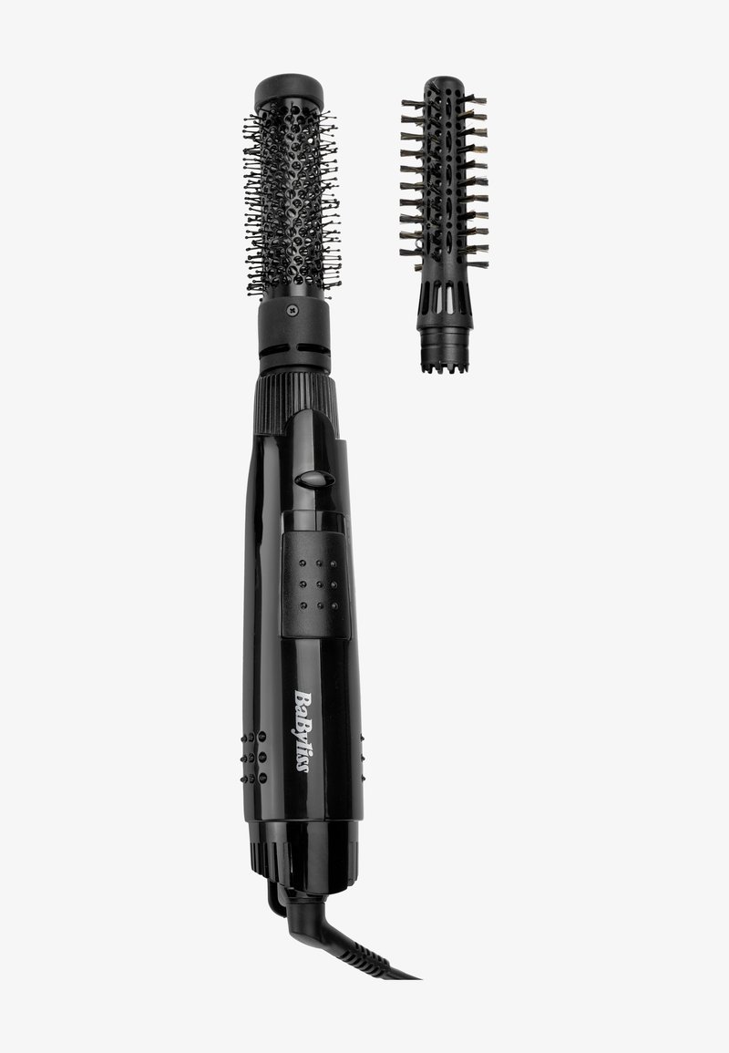 Electric black BaByliss hair styler with round brush attachment and separate smaller brush head on a white background.