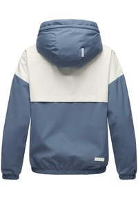 Veste avec blocs de couleurs présentant une partie supérieure gris clair et une partie inférieure bleue. Elle est dotée d'une capuche et de poignets et d'un ourlet élastiqués.