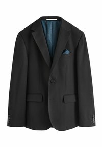 Blazer negro con dos bolsillos frontales, un bolsillo en el pecho, cierre de un botón y un interior forrado de satén en color azul verdoso, con un patrón geométrico.