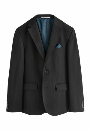 Schwarzer Blazer mit zwei vorderen Taschen, einer Brusttasche, einem Ein-Knopf-Verschluss und einem satiniert gefütterten Tealinnenfutter mit geometrischem Muster.