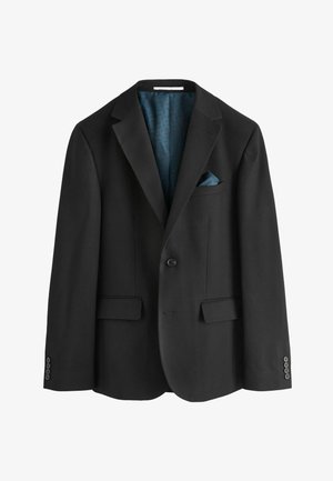 Blazer noir avec deux poches avant, une poche poitrine, fermeture à un bouton et intérieur doublé en satin teal, présentant un motif géométrique.