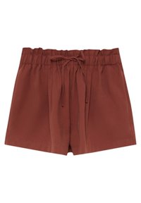 Hnědé šortky s nařaseným elastickým pasem, které mají šňůrkový detail. Měkká tkanina, volný střih, stylizováno s rovným střihem.