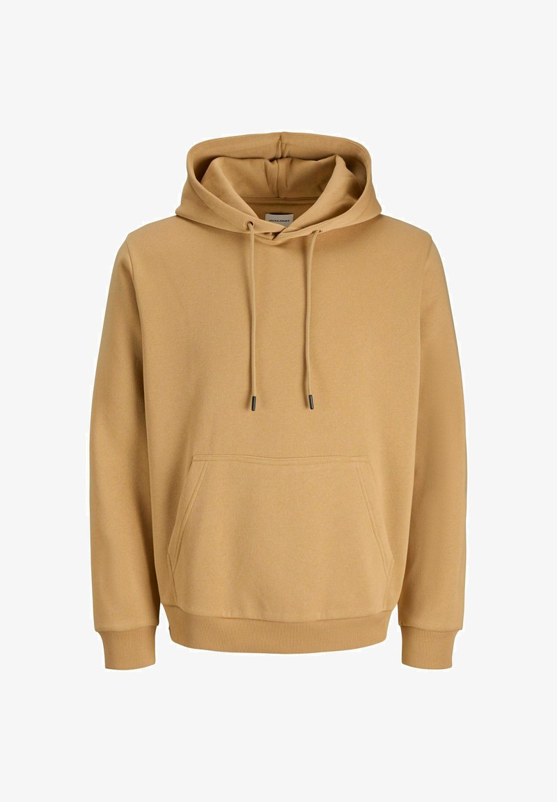 Sweatshirt à capuche kaki, tissu doux, poche kangourou, poignets et ourlet côtelés, cordons de serrage ajustables, design minimaliste.