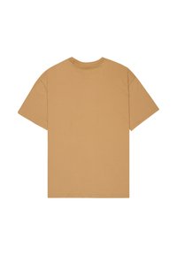 T-shirt en coton marron à manches courtes, coupe décontractée, col rond et texture lisse, avec un dos uni sans ornements.