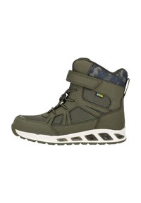 Grüne wasserdichte Stiefel mit einem strukturierten synthetischen Obermaterial, Mesh-Akzenten, verstellbarem Klettverschluss und einer weißen Gummisohle mit Luftpolsterung.