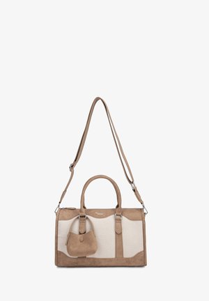 Sac à main rectangulaire beige et crème avec garniture en daim, double poignée, bandoulière ajustable et une petite pochette assortie attachée à l'avant.
