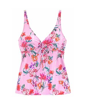 Rosa geblümtes Tankini-Oberteil mit verstellbarem Band vorn, mit roten, orangefarbenen, lila und grünen Blumenmustern auf glattem Stoff.