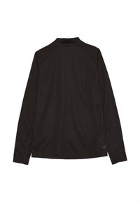 T-shirt de sport noir à manches longues avec col haut, en tissu texturé et manches raglan. Contient un petit logo sur le côté inférieur.