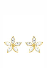 Guldörhängen i blomform med sex marquise-slipade klara stenar som kronblad, med en polerad yta och en central sten.