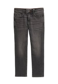 Dark gray denim jeans with subtle fading, straight-leg cut, five-pocket design, and metal button closure. Stitched detailing on pockets.