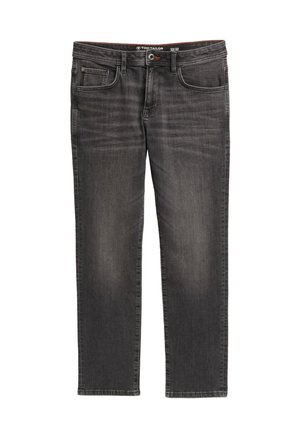 Dark gray denim jeans with subtle fading, straight-leg cut, five-pocket design, and metal button closure. Stitched detailing on pockets.