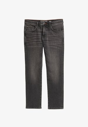 Dunkelgraue Jeans aus Denim mit subtilen Ausbleichungen, gerader Schnitt, Fünf-Taschen-Design und Metallknopfverschluss. Genähte Details an den Taschen.