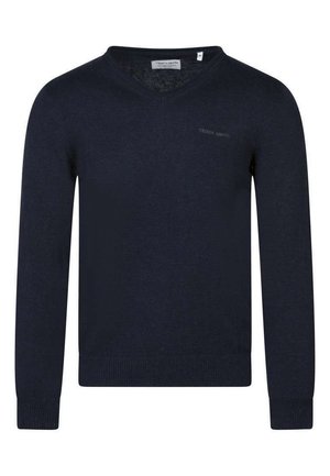 Pull col en V bleu marine à manches longues, poignets et ourlet côtelés, avec un petit logo "Teddy Smith" sur le côté gauche de la poitrine.