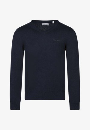 Pull col en V bleu marine à manches longues, poignets et ourlet côtelés, avec un petit logo "Teddy Smith" sur le côté gauche de la poitrine.