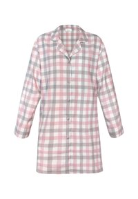Koszula z długim rękawem, kołnierzykiem i guzikami, w różowy, szary i biały wzór w kratę; wykonana z lekkiego materiału o luźnym kroju.