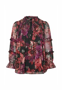 Blusa nera trasparente con vivaci motivi floreali rossi e viola, maniche con volant e scollatura plissettata. Tessuto leggero con un design fluido.