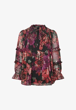 Sort gennemsigtig bluse med livlige røde og lilla blomster mønstre, flæser på ærmerne og plisseret halsudskæring. Letvægtigt materiale med et flydende design.