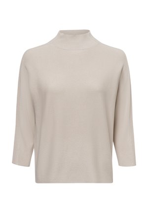Beige knit sweater with a high mock neck, three-quarter sleeves, and a loose silhouette. Features a textured fabric pattern.