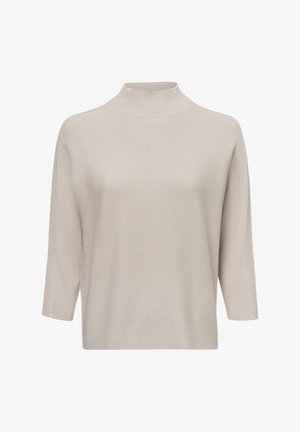 Beige Strickpullover mit einem hohen Stehkragen, Dreiviertelärmeln und einer lockeren Silhouette. Verfügt über ein strukturiertes Stoffmuster.