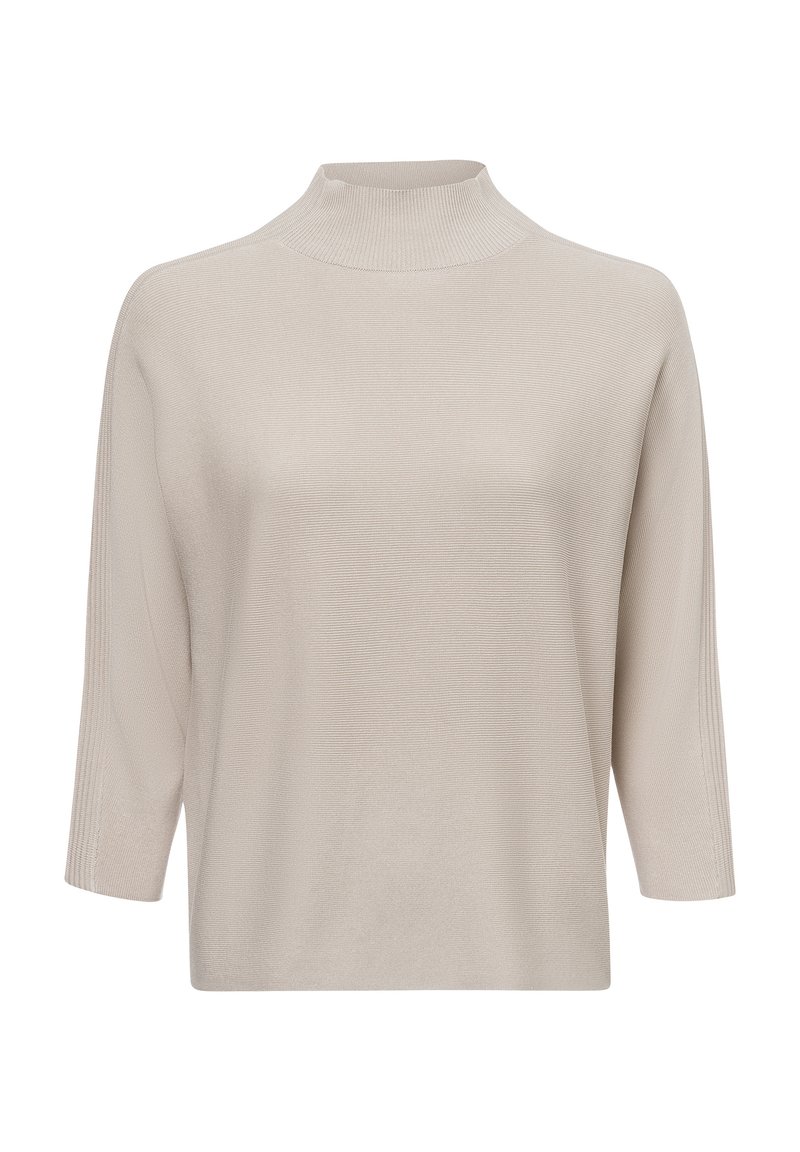 Beige Strickpullover mit einem hohen Stehkragen, Dreiviertelärmeln und einer lockeren Silhouette. Verfügt über ein strukturiertes Stoffmuster.