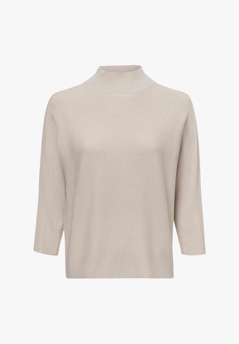 Beige Strickpullover mit einem hohen Stehkragen, Dreiviertelärmeln und einer lockeren Silhouette. Verfügt über ein strukturiertes Stoffmuster.
